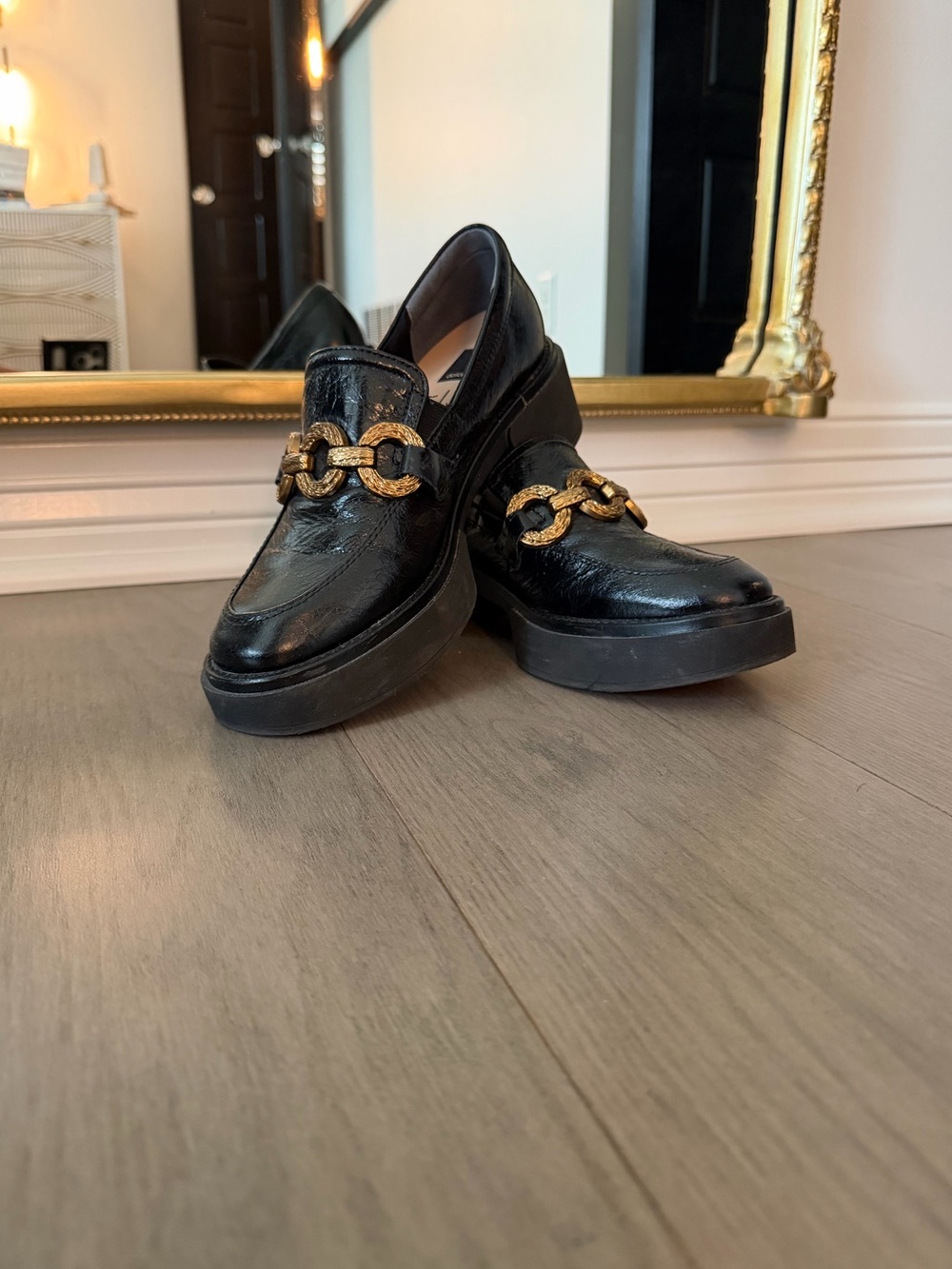 Dolce Vita Black Leather Loafers with Gold Chain Detail - Picture 2 of 4
